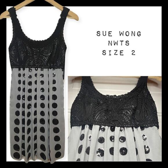 Sue Wong Nocturne Sequined Dress w/ Scoop Neck & Lace Top Size 2 - Picture 1 of 15